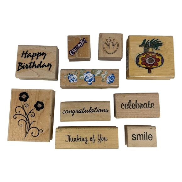 Mixed Lot of 10 Wood Mounted Rubber Stamps Flowers Turnip Sayings Birthday - Picture 1 of 5